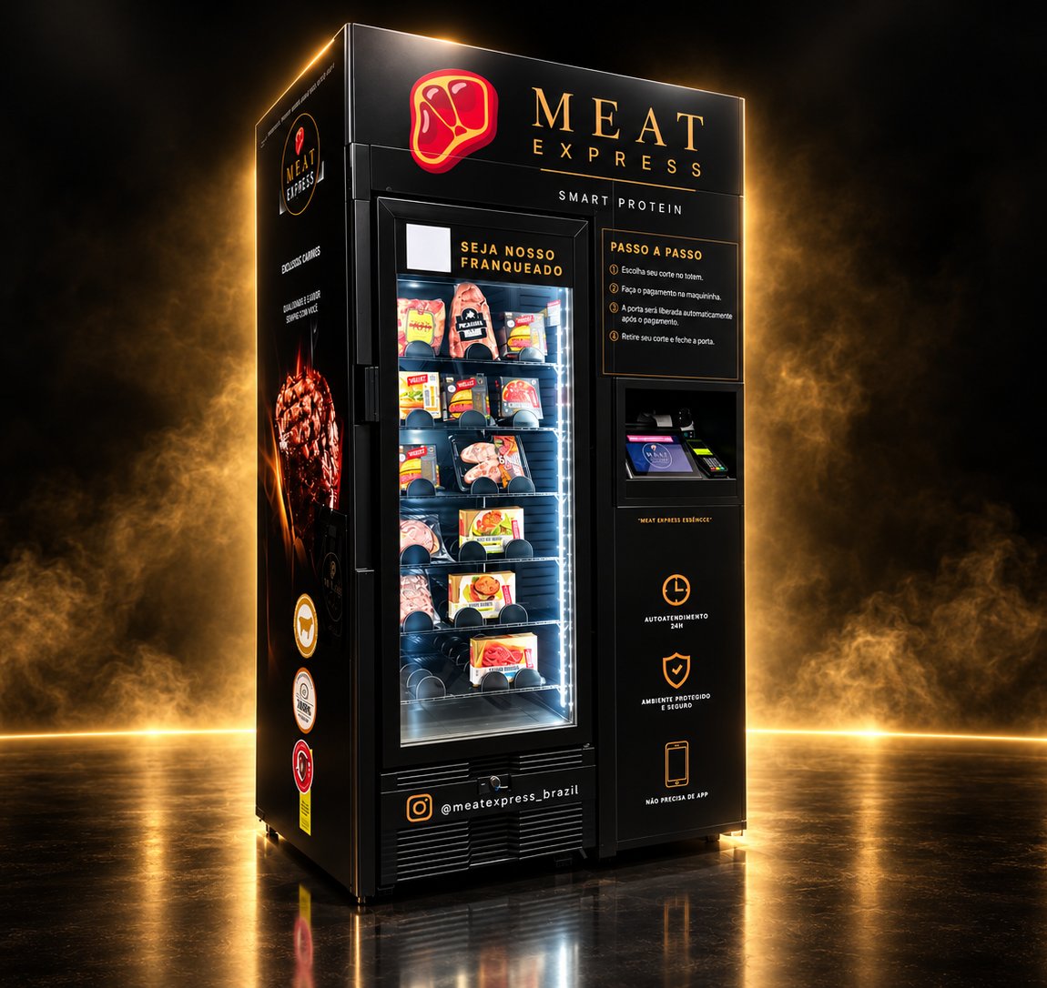 Geladeira inteligente Meat Express: porta de vidro com cortes embalados, totem touch e maquininha de cartão