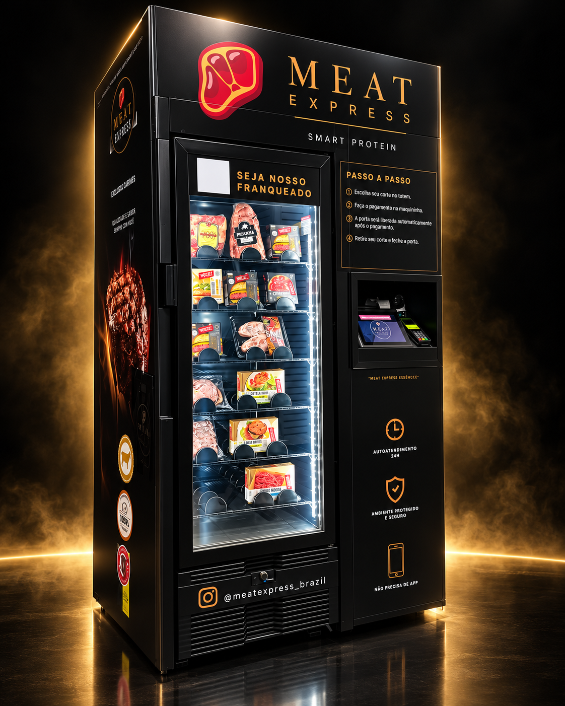 Máquina Meat Express completa, com cortes de carne, totem de autoatendimento e iluminação dourada