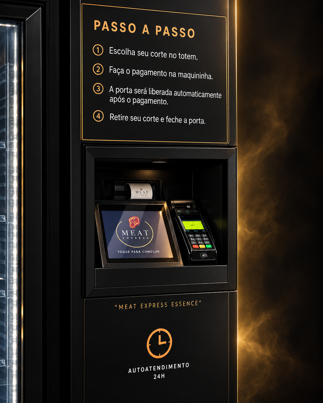 Detalhe do totem Meat Express com instruções de compra, tela touch e maquininha de pagamento